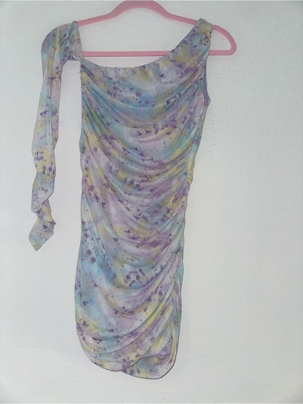 Lucy In The Sky Small Multi-Color Pastel Ethereal Mesh One Shoulder Mini Dress